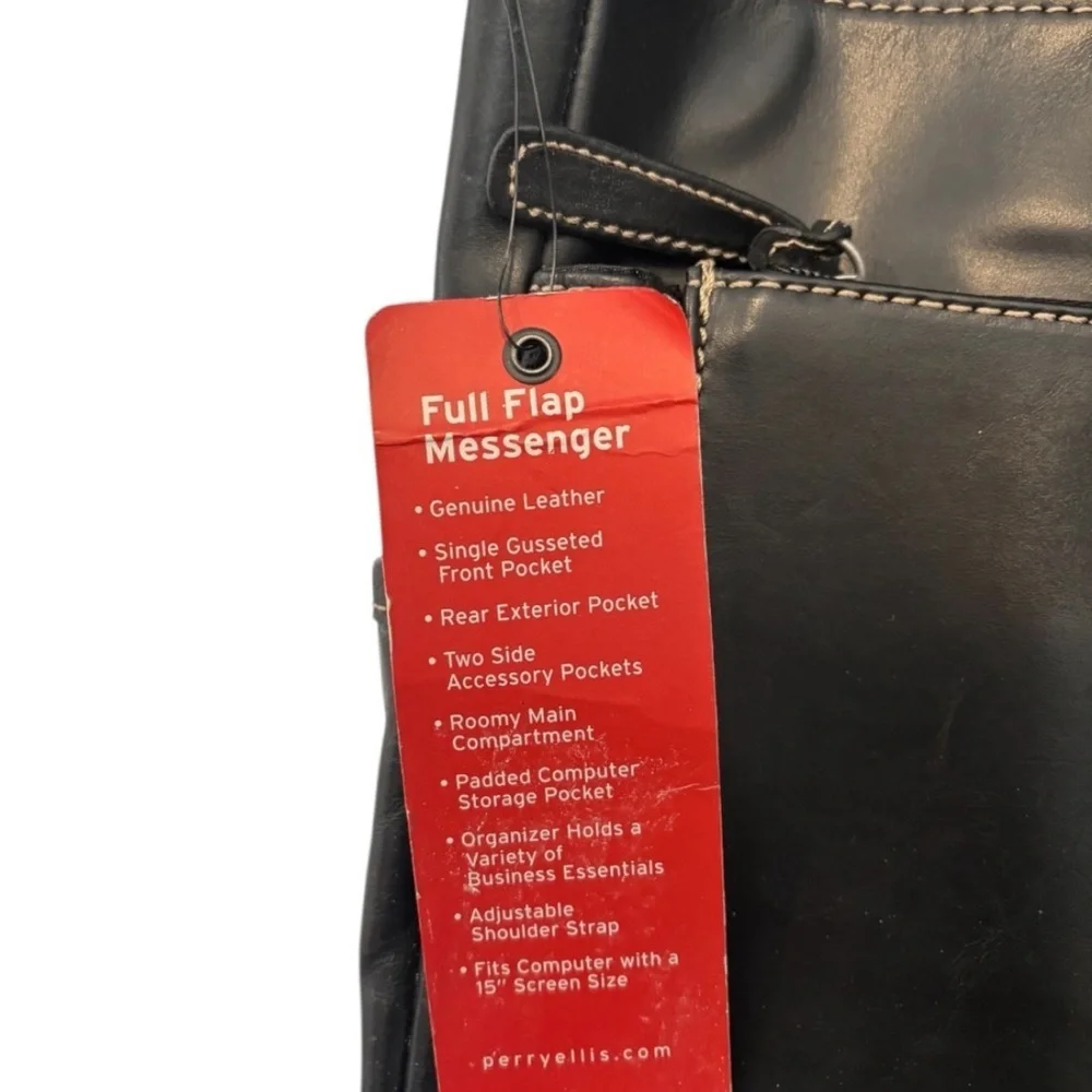 NWT Perry Ellis Portfolio Full Flap Black Leather Adjustable Messenger Bag
